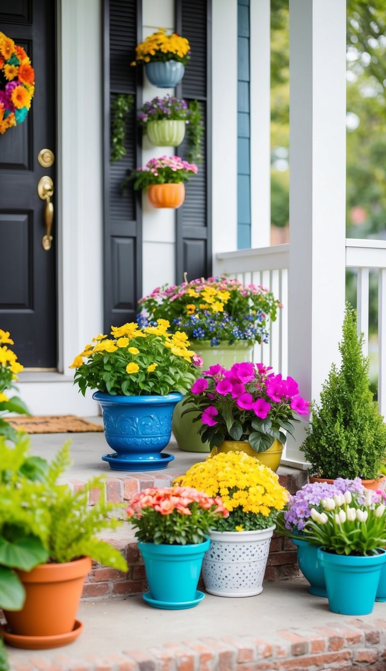 A small front porch adorned with vibrant potted plants and colorful seasonal decor, welcoming guests for spring and summer