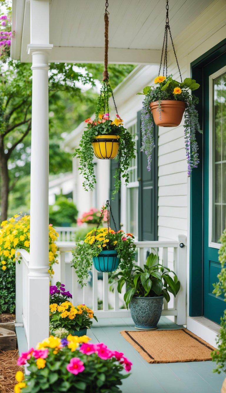 Hanging potted plants adorn a cozy front porch, with colorful flowers and lush greenery, creating a welcoming and refreshing atmosphere for spring and summer