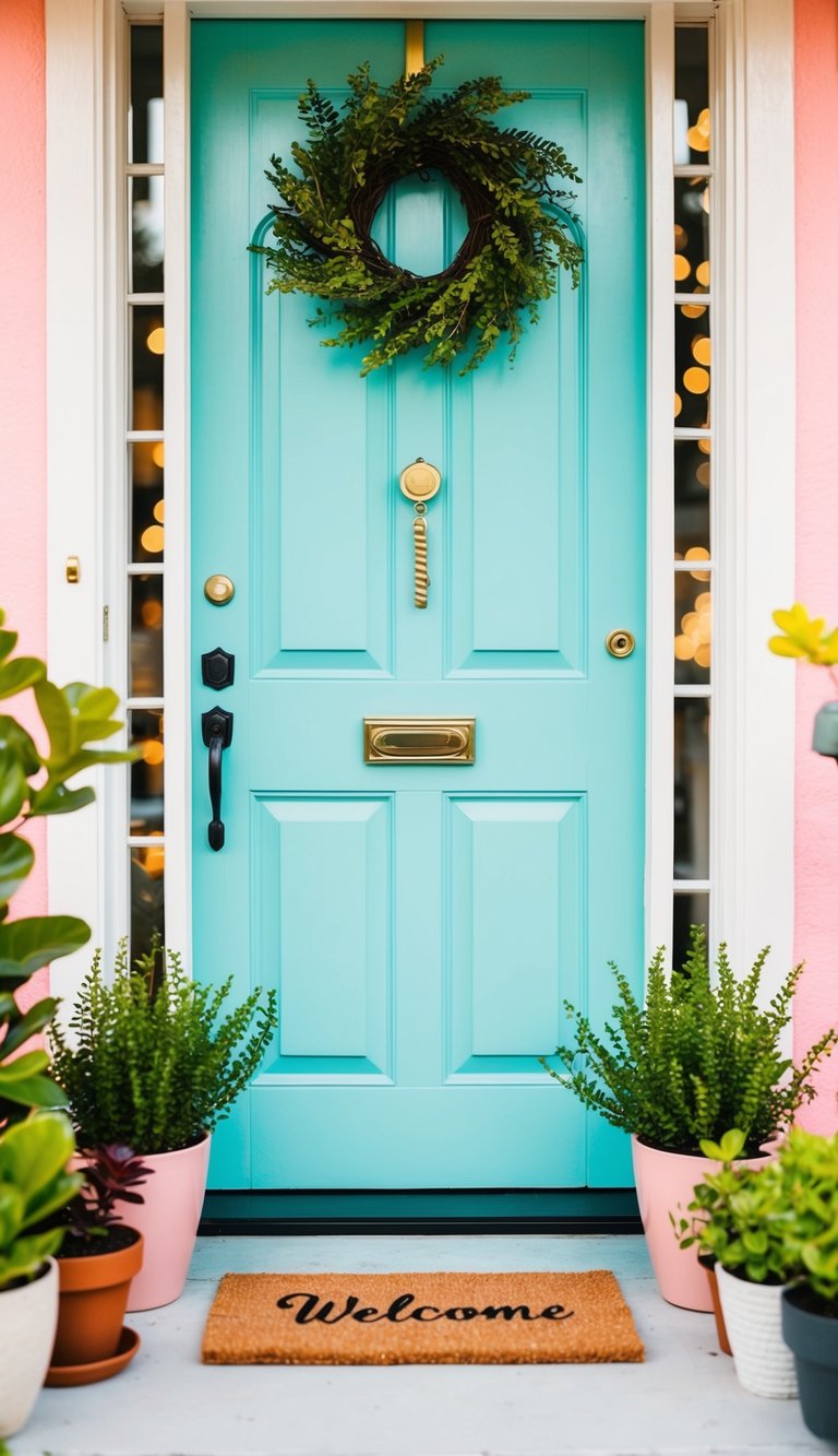A bright pastel front door adorned with potted plants and a welcome mat