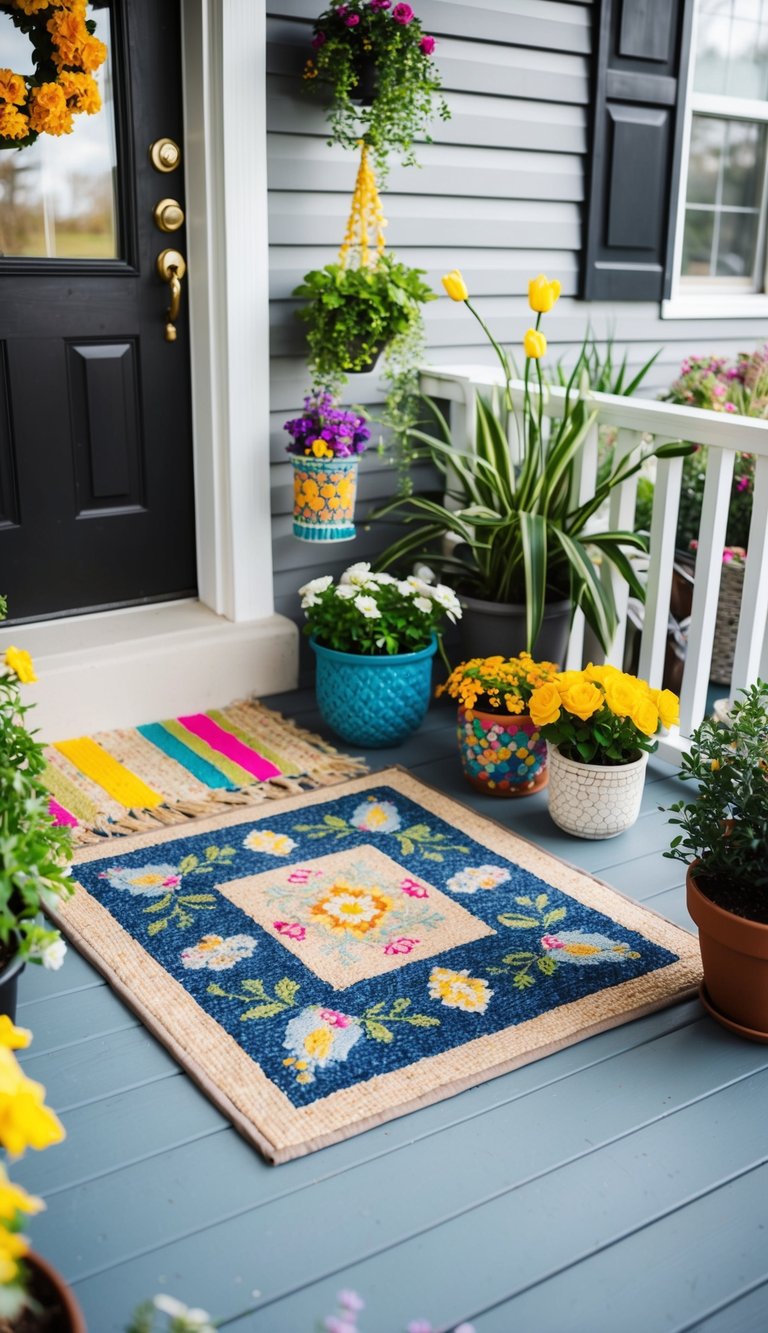 A small front porch adorned with a compact outdoor rug featuring spring motifs, surrounded by potted plants and colorful decor
