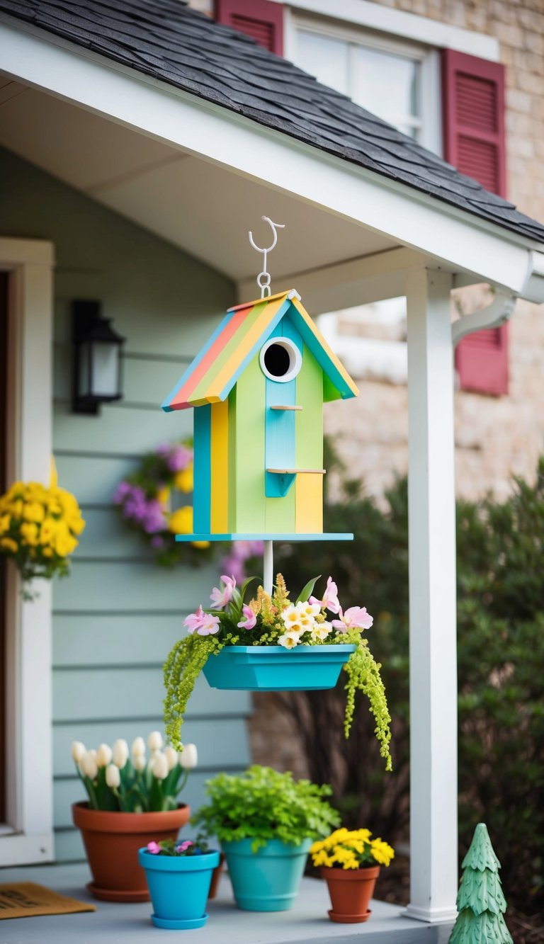A colorful birdhouse hangs from the eaves of a small front porch, surrounded by potted plants and cheerful spring decorations