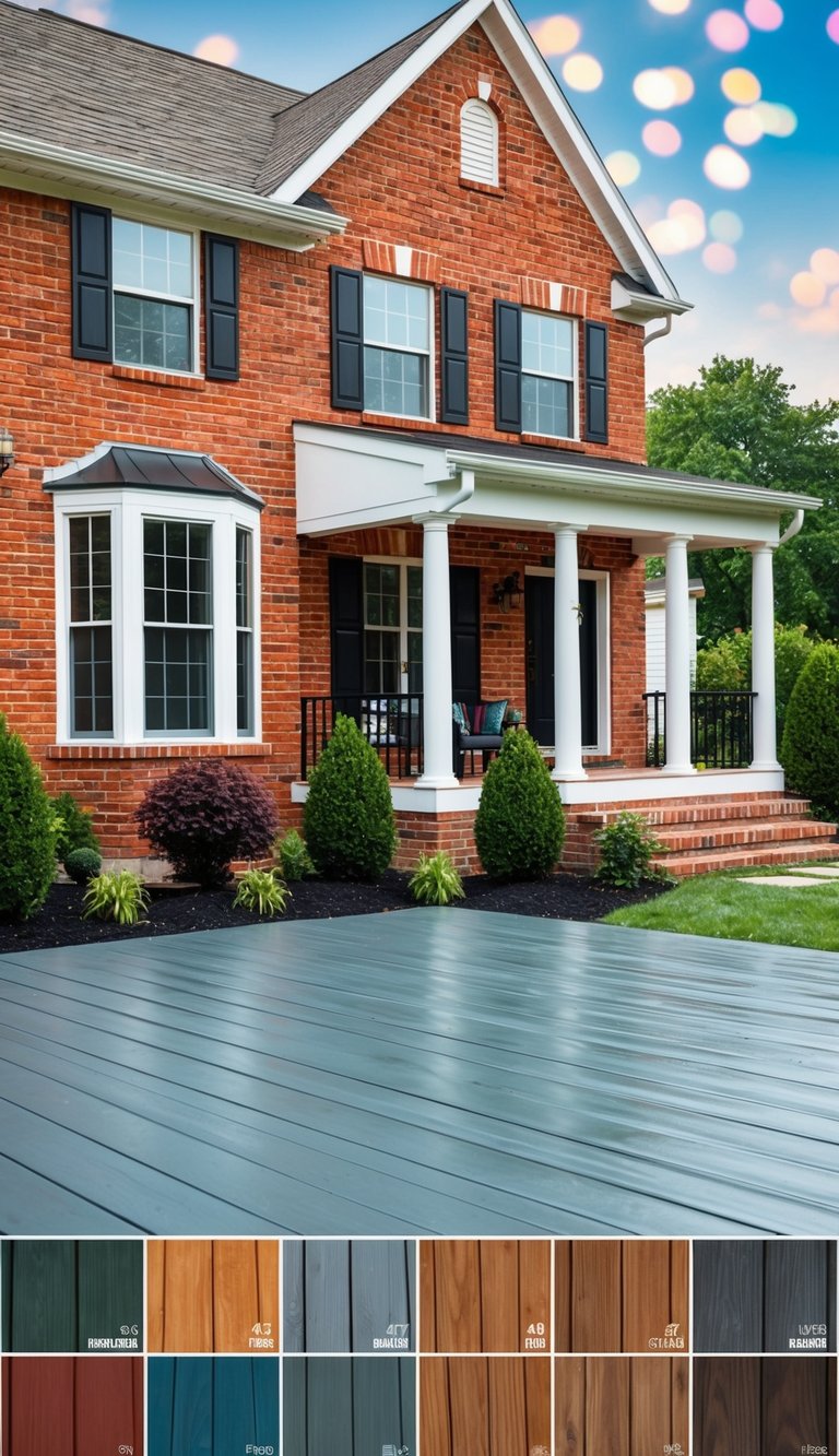 A red brick house with a gray deck stained to contrast, surrounded by 12 deck stain color options