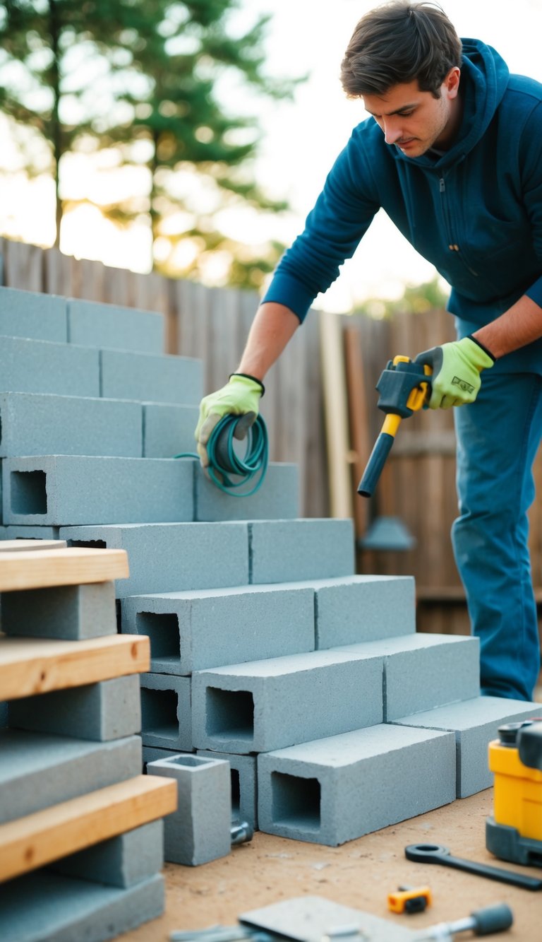 A person gathers cinder blocks, tools, and materials for building outdoor DIY stairs
