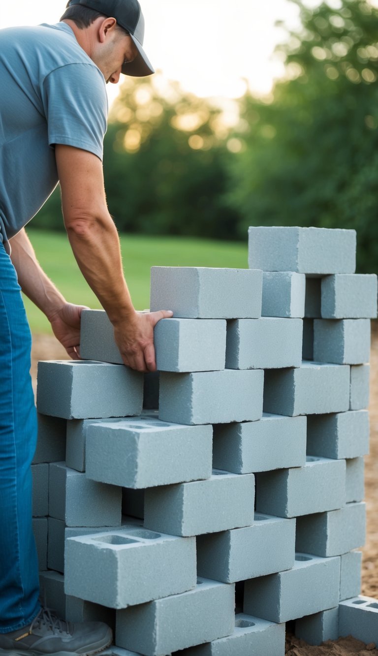 A person stacking cinder blocks to create a sturdy foundation for outdoor DIY stairs