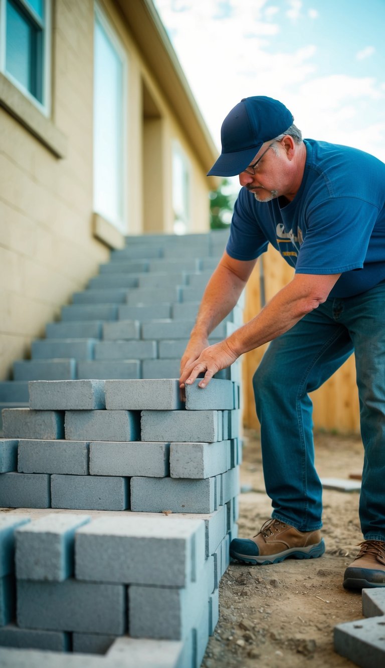 A person is constructing outdoor stairs using cinder blocks