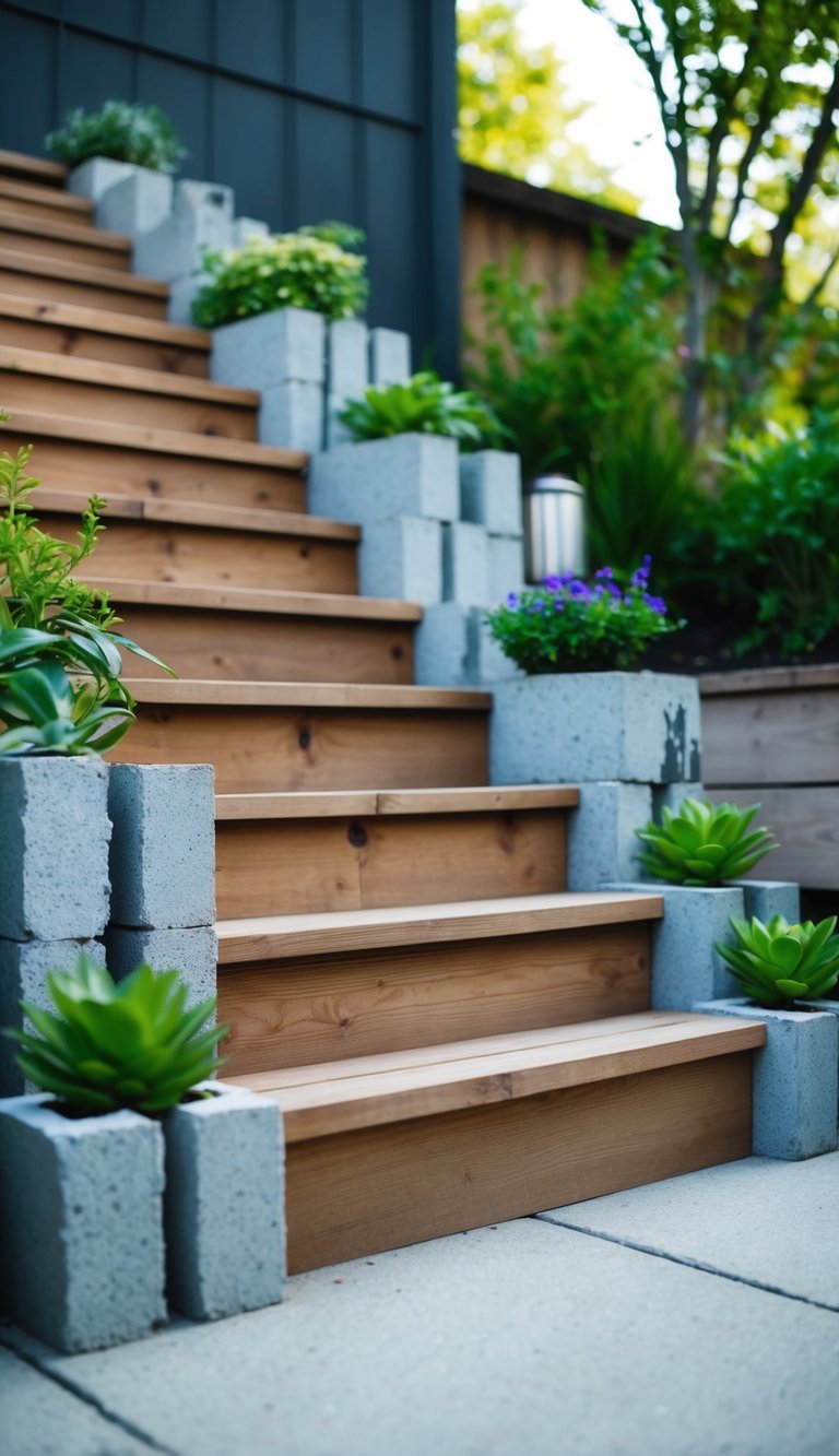 A set of outdoor stairs made from stacked cinder blocks, with wooden steps and potted plants adorning the sides