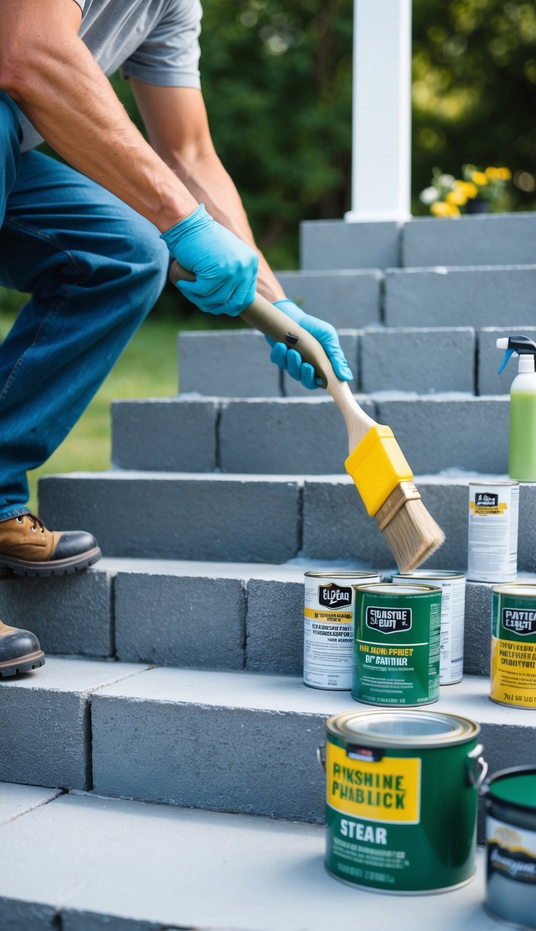 A person sealing outdoor cinder block stairs with a brush and protective gear, surrounded by cans of finishing products and maintenance tools