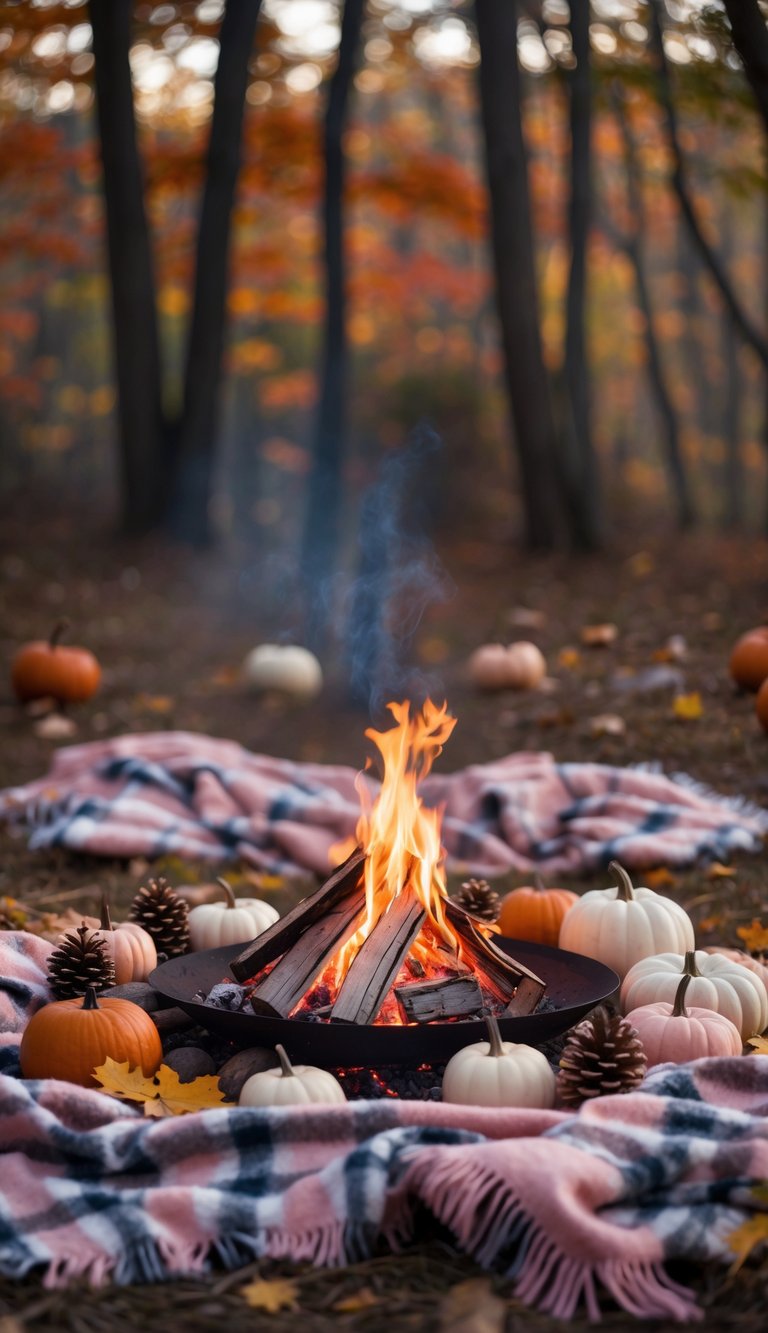 A cozy outdoor campfire scene with plaid blankets and fall decorations for a baby shower.