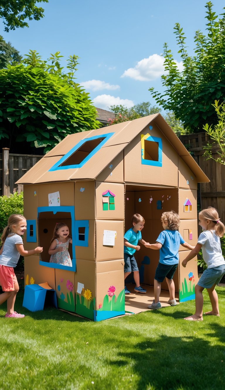 Children playing in a colorful cardboard box playhouse fort in a sunny backyard.