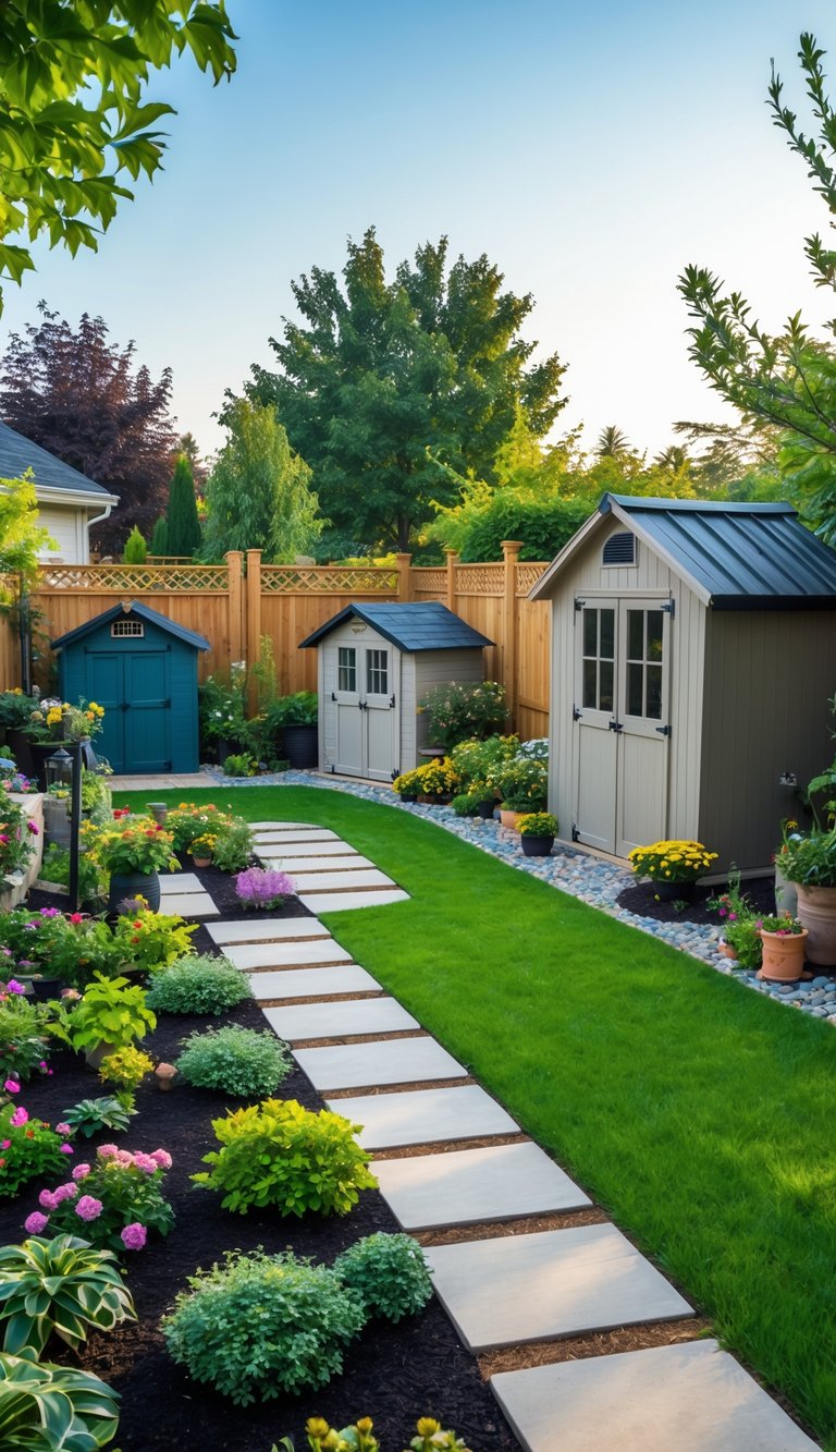 A backyard with multiple garden sheds surrounded by flowers, shrubs, stone paths, and green lawns under a clear sky.