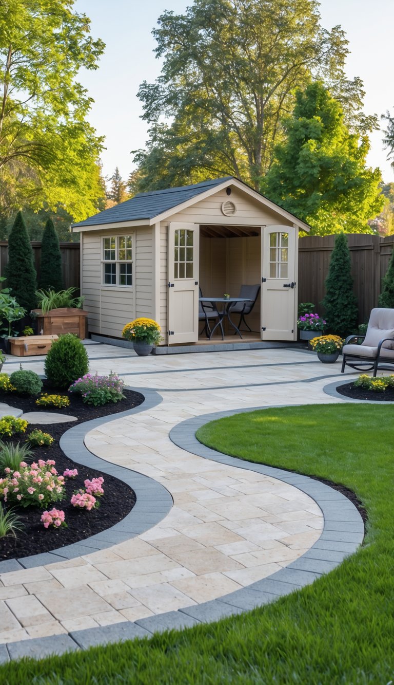 Backyard with a small wooden shed and a semi-circle stone patio surrounded by plants and grass.