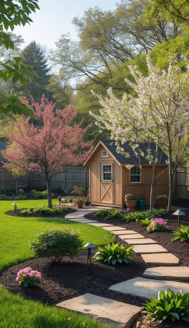 Backyard with redbud and dogwood trees planted near a wooden garden shed surrounded by green grass and flowering plants.