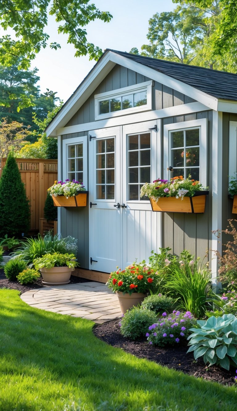 A backyard shed with flower boxes under the windows surrounded by green grass and blooming plants.