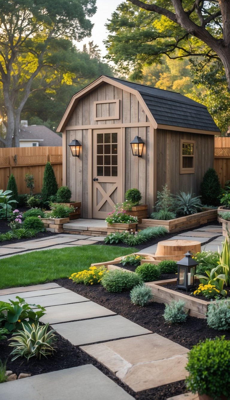 A backyard shed with wooden siding surrounded by plants, flowers, stone pathways, and trees in a landscaped garden.