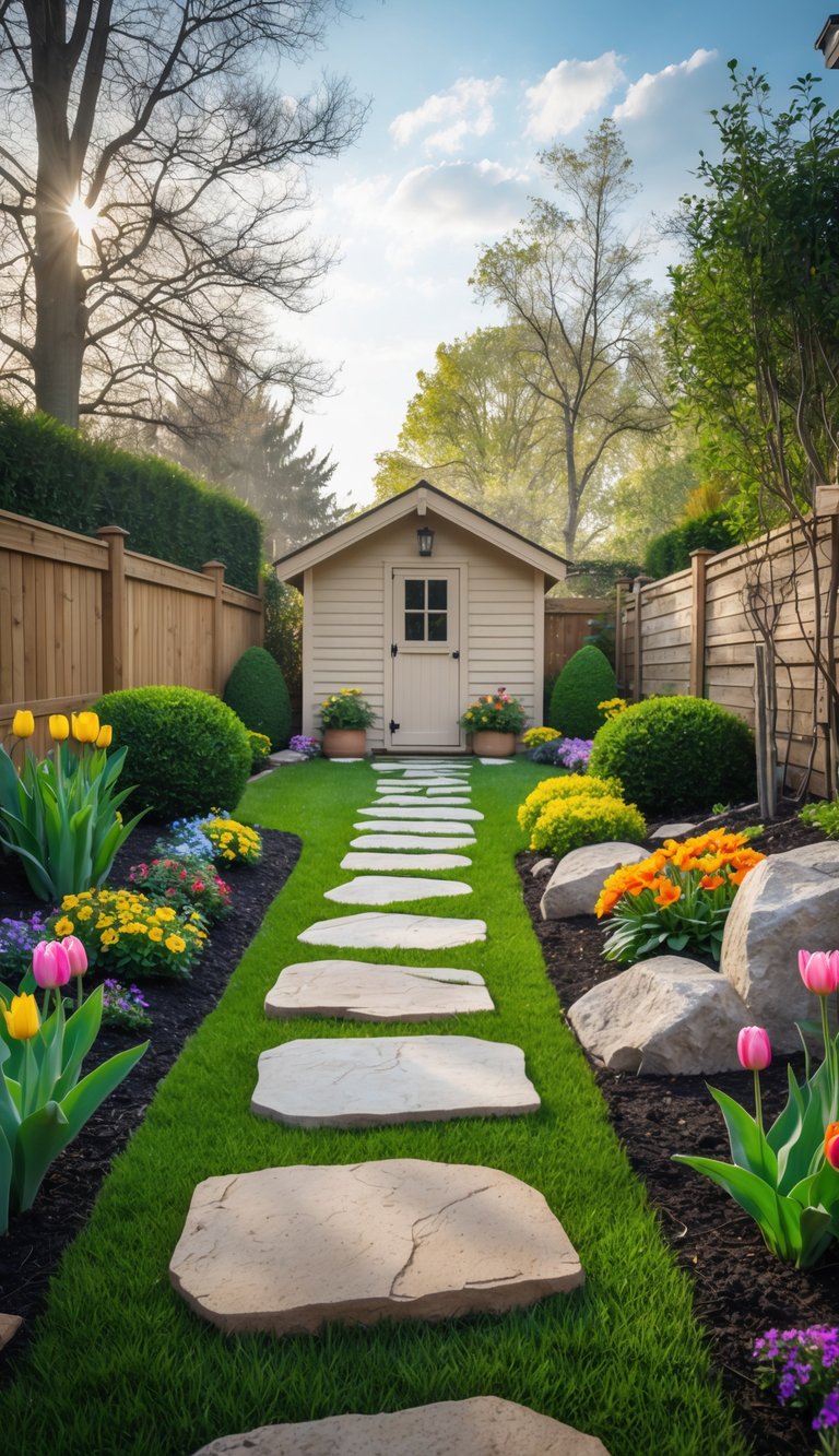 A backyard with a stone stepping pathway leading to a small garden shed surrounded by flowers and plants.