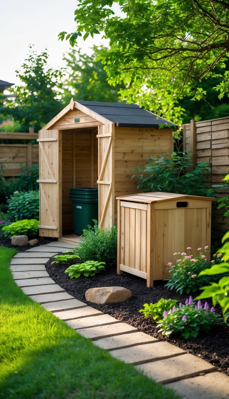 Backyard with a wooden garden shed and a compost bin next to it, surrounded by plants and landscaping.