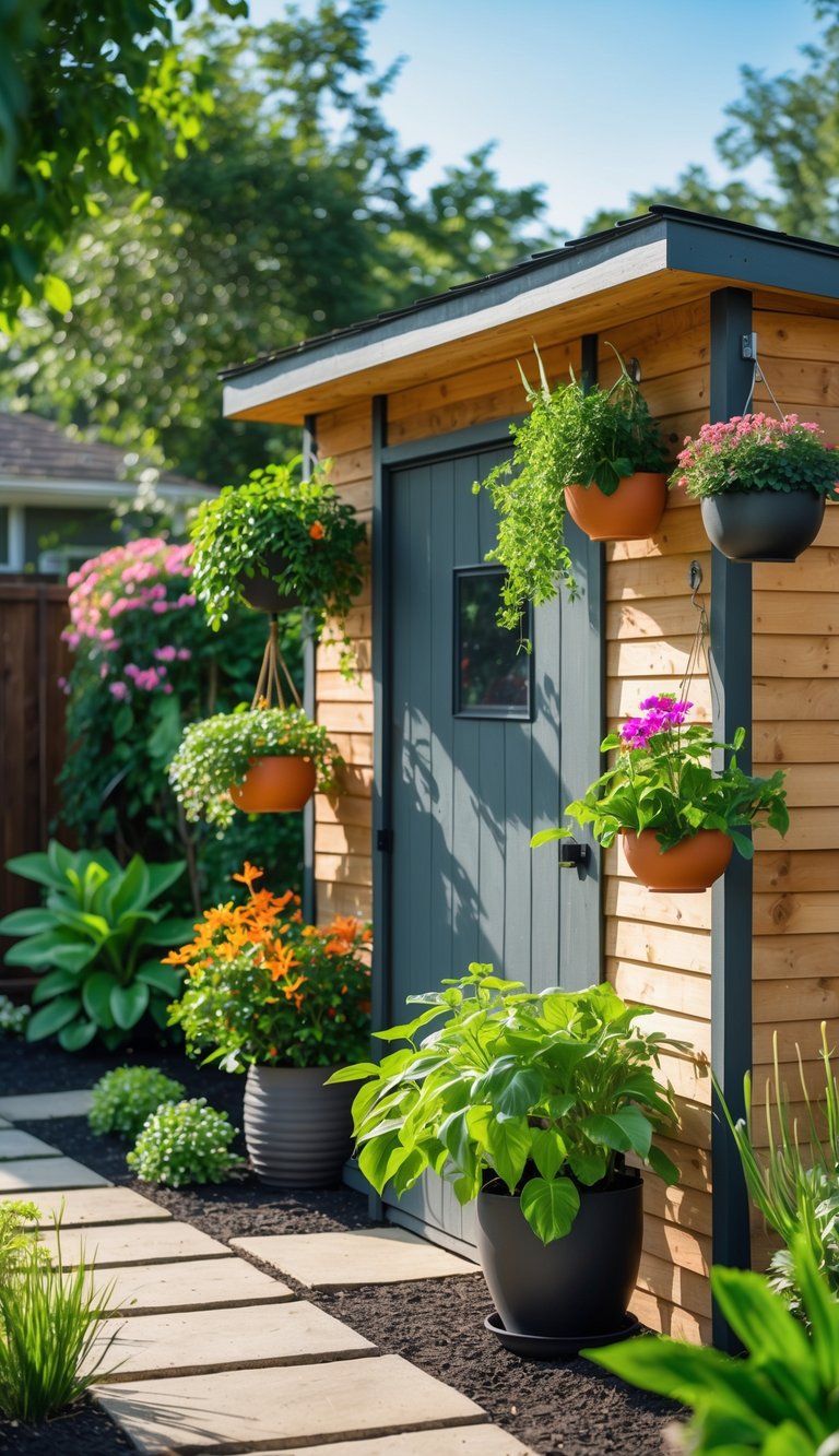 A backyard shed exterior with various potted plants hanging on its walls surrounded by green plants and a garden pathway.