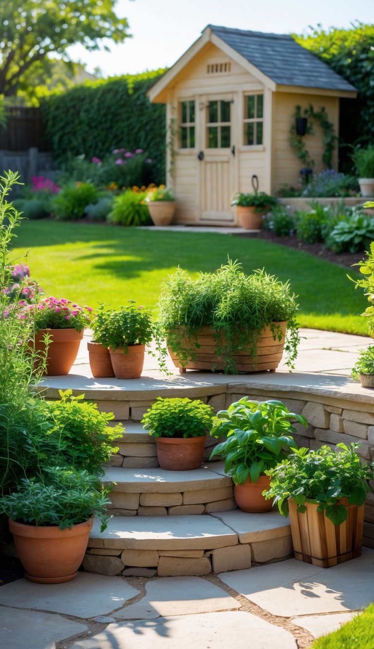A sunny backyard with a stone stoop featuring potted herbs, a wooden garden shed, and landscaped plants and grass.