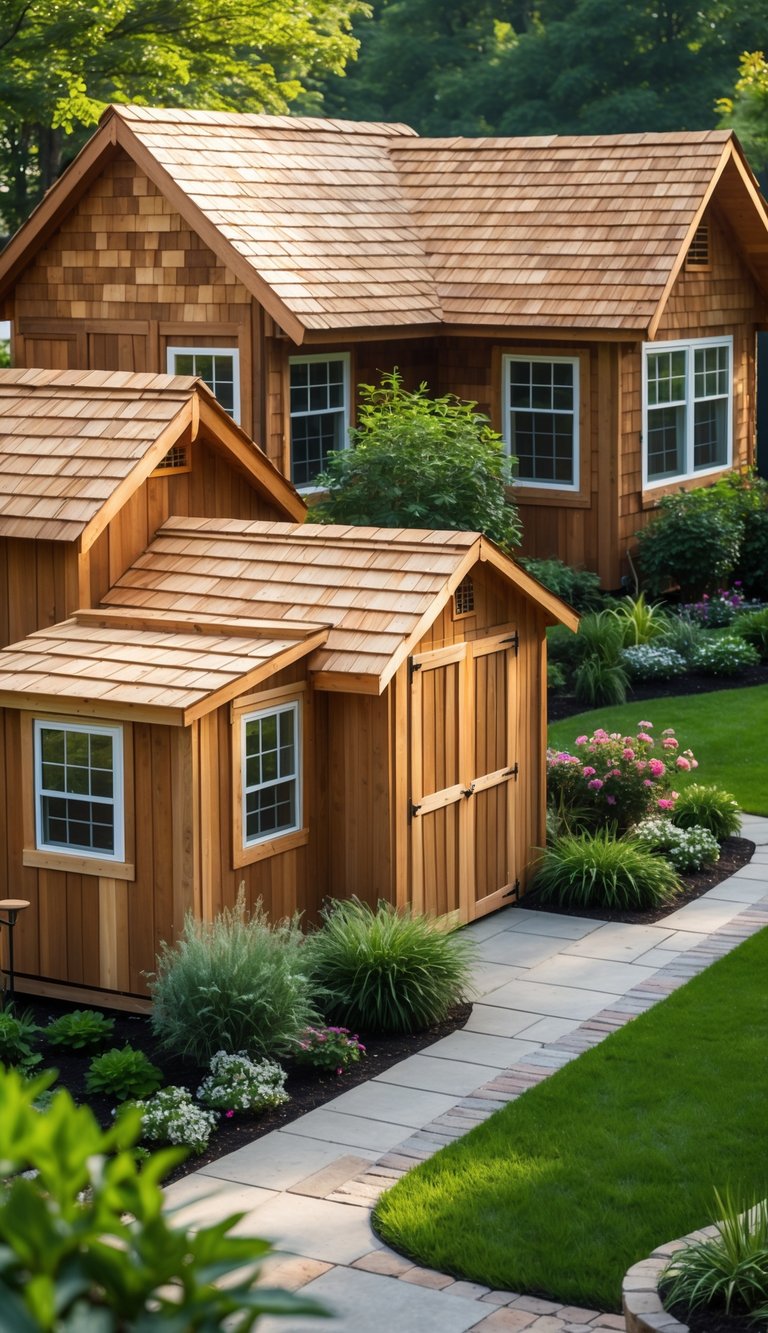 A backyard with multiple wooden sheds featuring cedar-shake shingle roofs, surrounded by green grass, plants, and stone pathways.