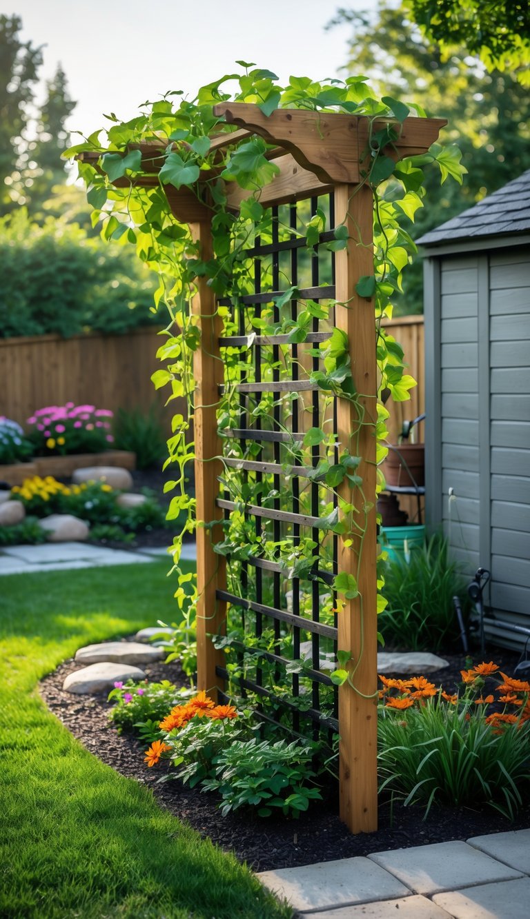 Backyard with a wooden trellis covered in climbing vines next to a garden shed surrounded by plants and landscaping.