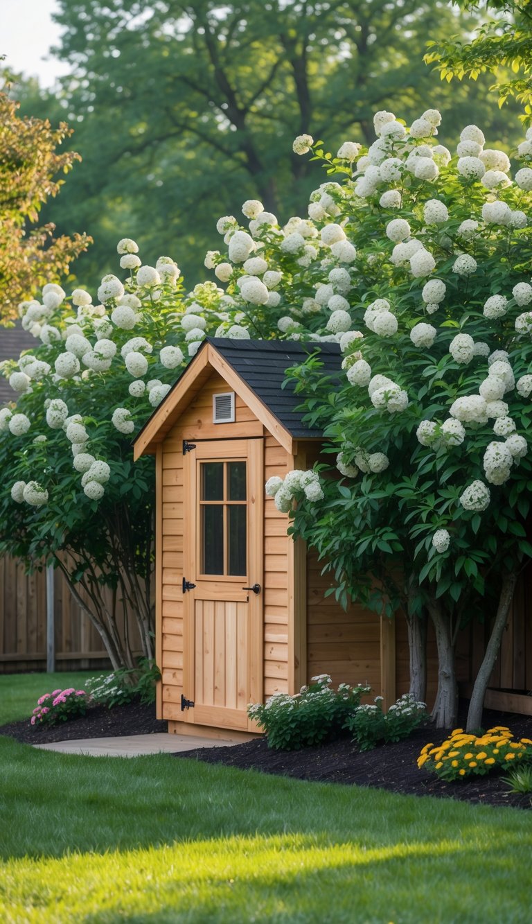 A small wooden garden shed surrounded by large green serviceberry shrubs in a backyard.