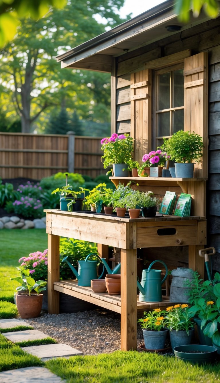 A backyard with a wooden potting bench outside a garden shed surrounded by plants and gardening tools.