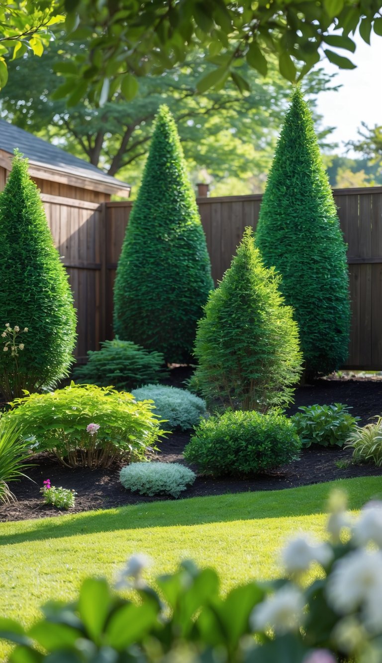 A backyard with smaller tree-like shrubs arranged for privacy, a lawn, flower beds, and a wooden shed in the background.