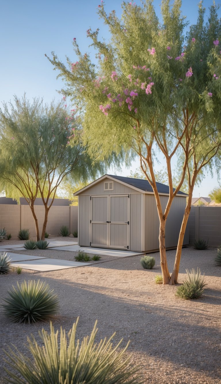 A backyard with a medium-sized shed surrounded by desert willow trees and desert landscaping.