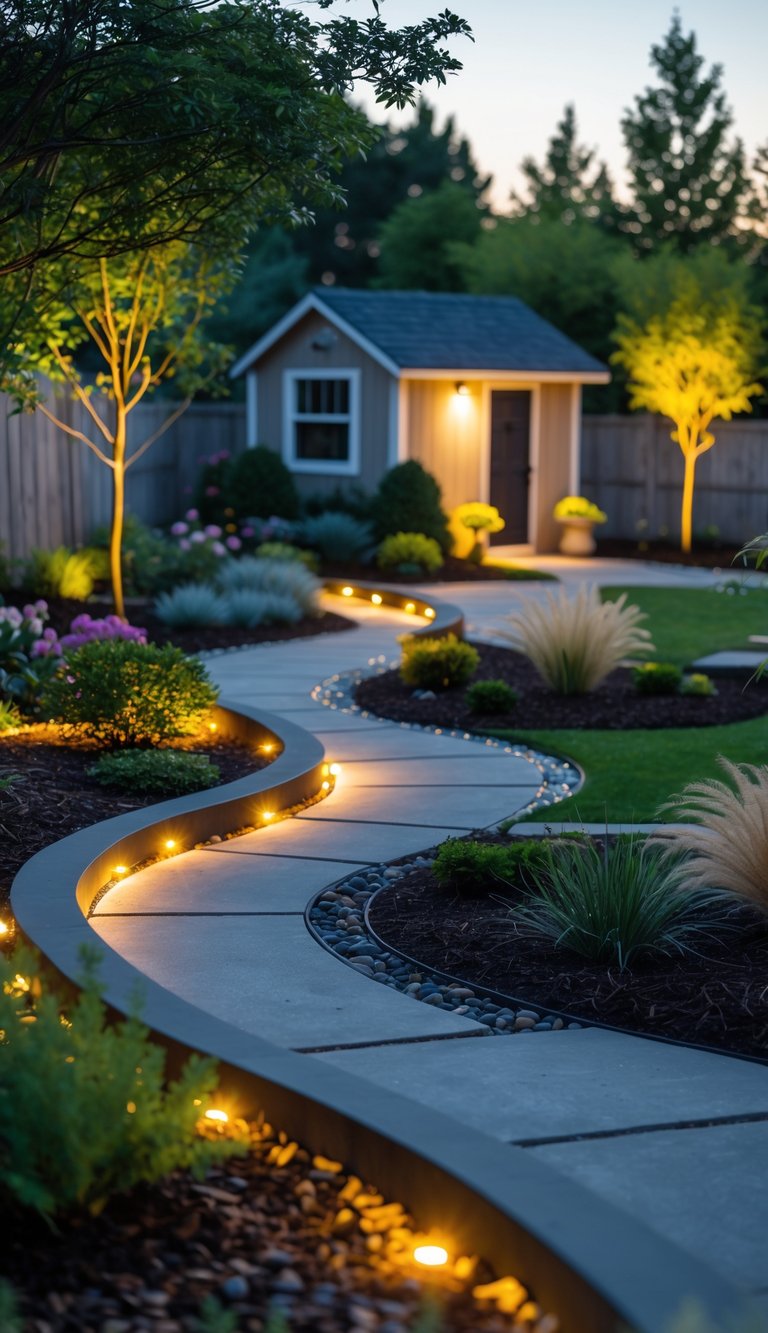 A backyard garden with decorative outdoor lights lining winding paths, surrounded by plants and a garden shed.