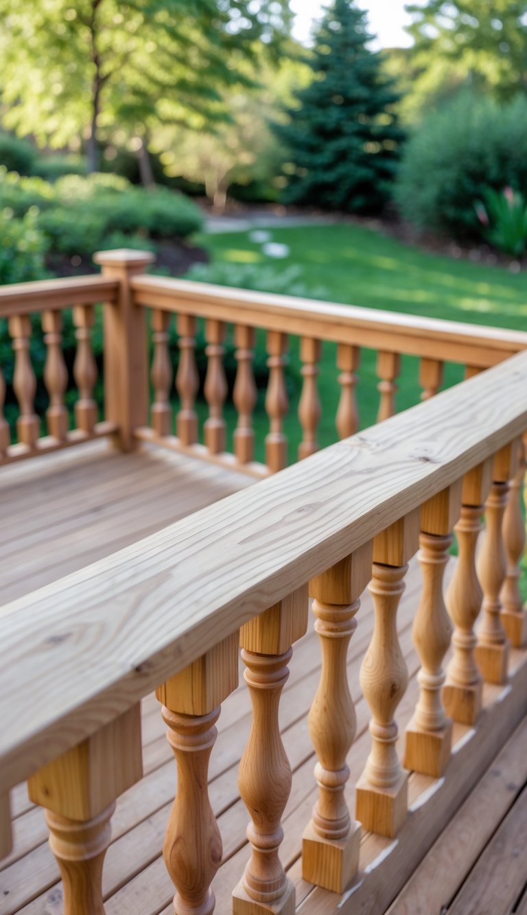 Close-up of a wooden baluster railing on an outdoor deck with a green garden in the background.