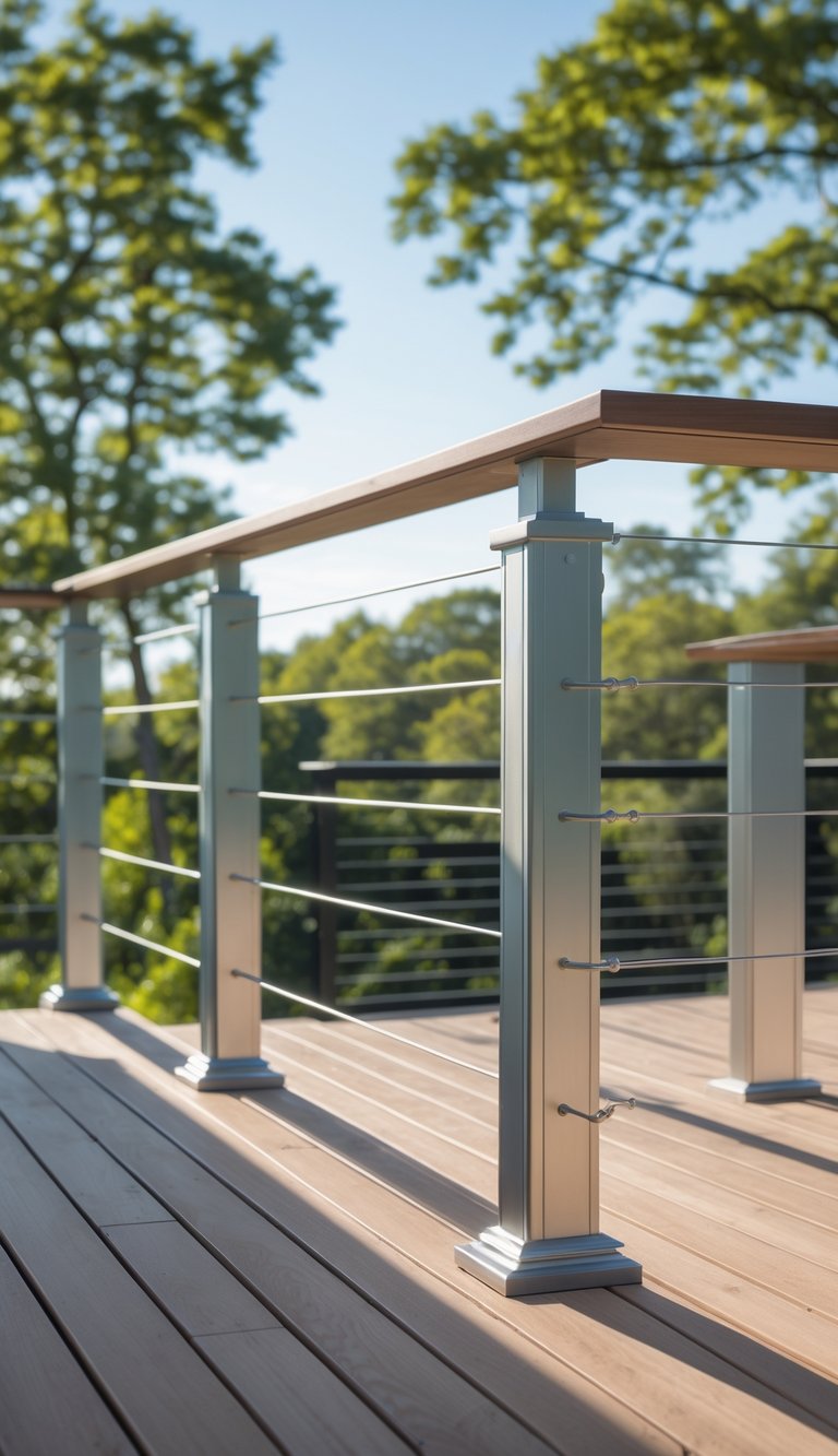 An outdoor wooden deck with aluminum railing and metal posts surrounded by green trees under a clear sky.