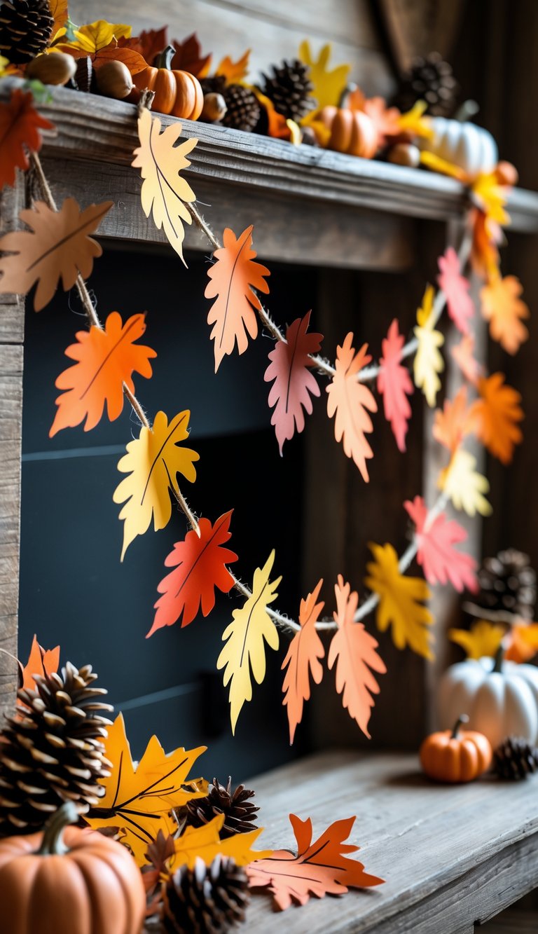 A paper leaf garland made of colorful autumn leaves hanging against a wooden background with small pumpkins and pinecones nearby.