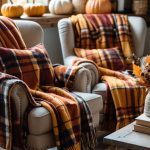 Two armchairs with plaid fleece throws in a cozy living room decorated with fall items like pumpkins and dried leaves.
