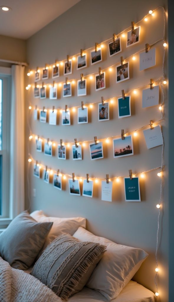 A bedroom wall decorated with warm string lights and wooden clips holding photos, with a bed and pillows nearby.