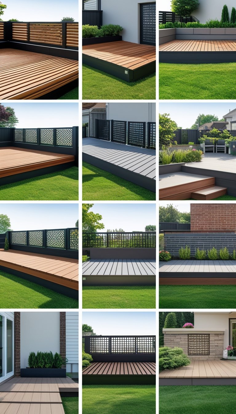 Nine different deck skirting designs displayed on sections of a backyard deck with grass and plants around.