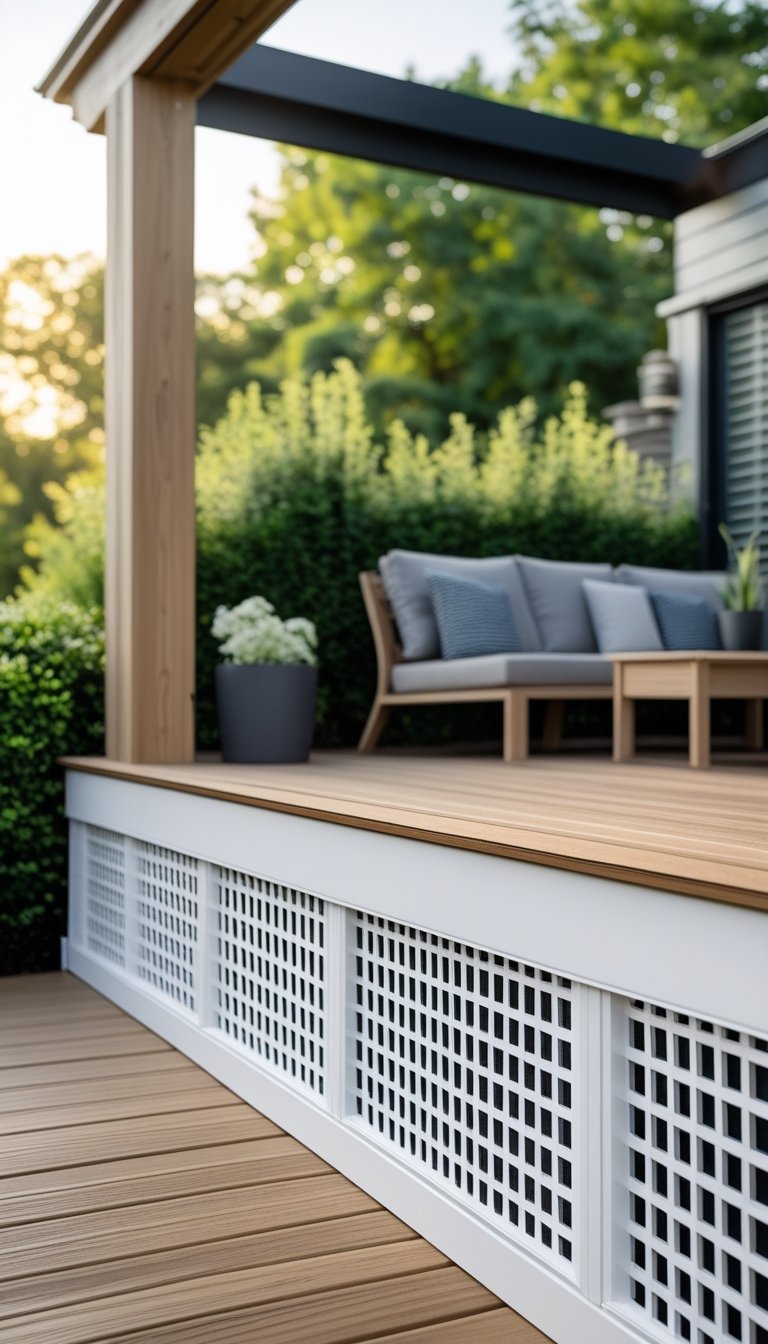 Outdoor wooden deck with white vinyl lattice panels around the base, surrounded by green plants and outdoor furniture.