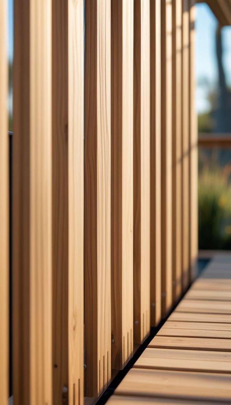 Close-up of vertical wooden slats placed closely together to create a privacy screen.