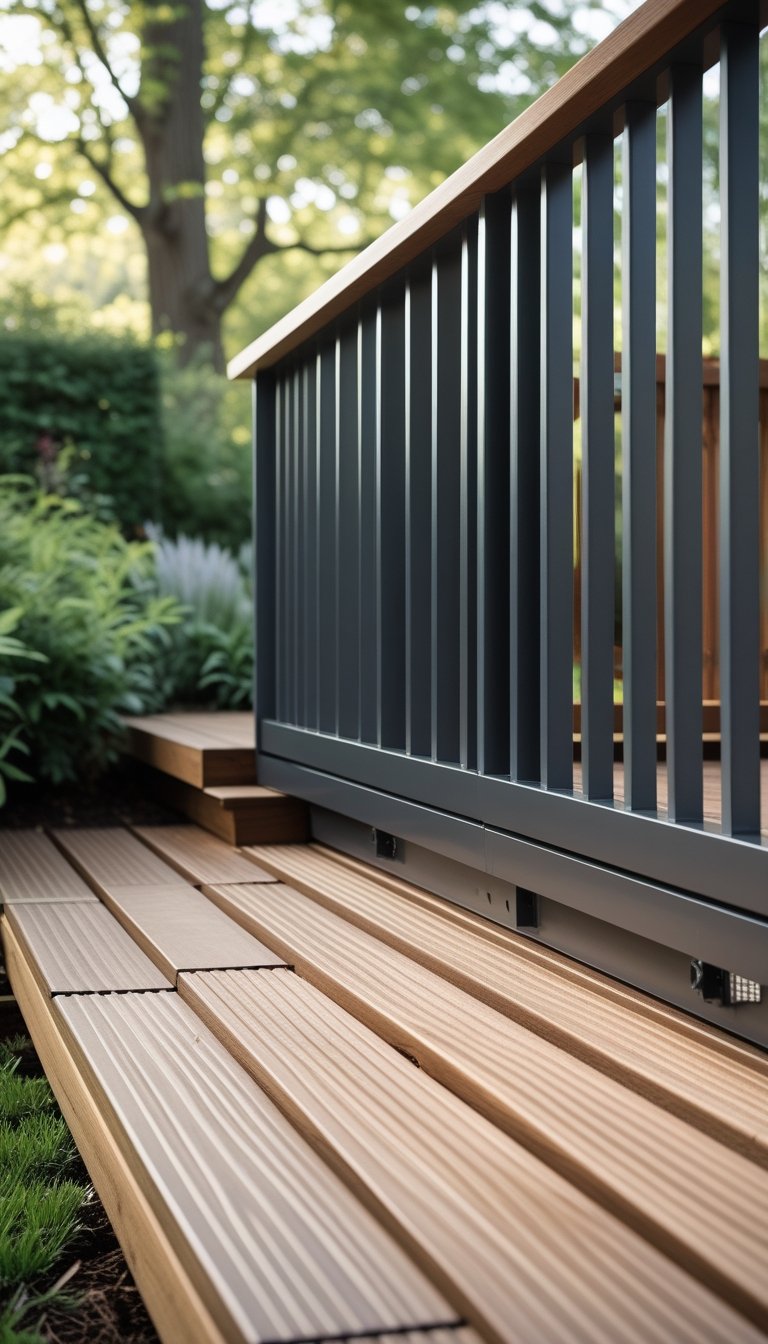 Outdoor wooden deck with metal slat skirting around the base, surrounded by green plants.
