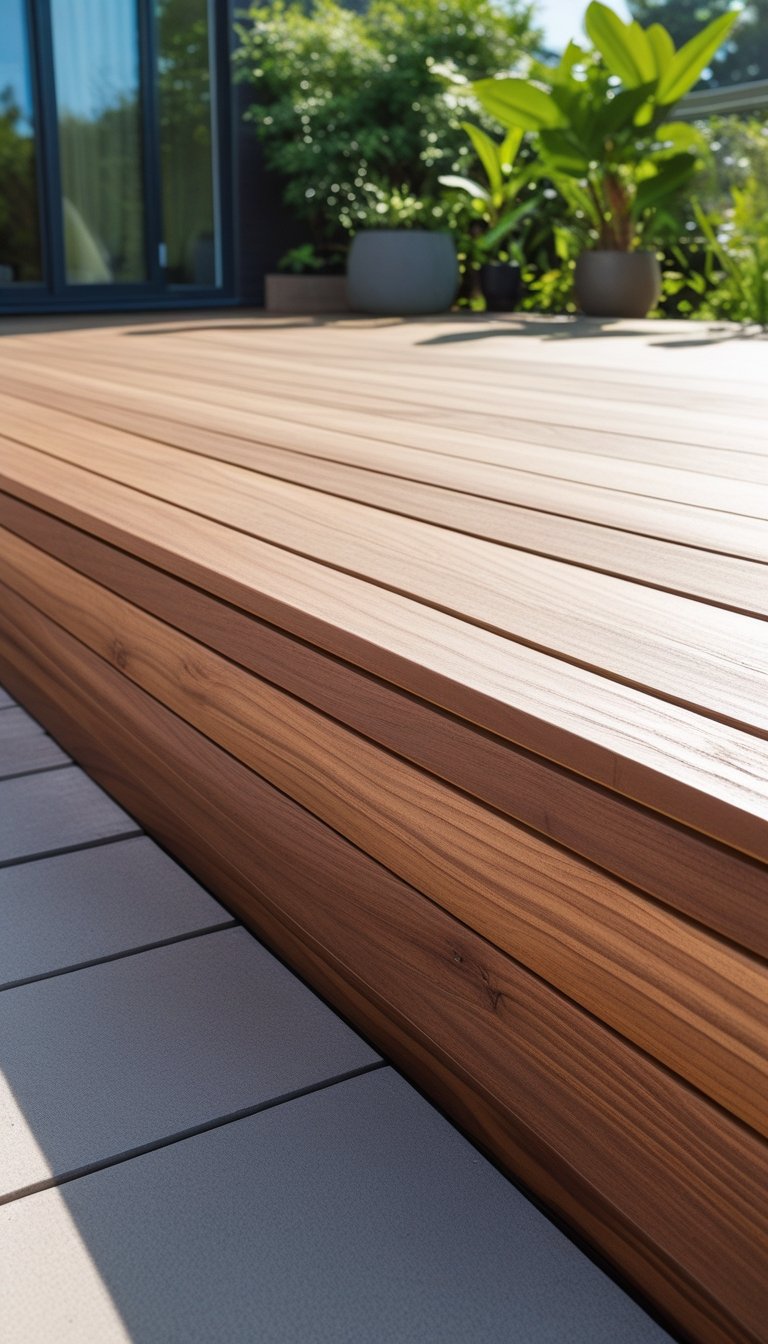 Outdoor wooden deck with solid Ipe wood skirting fully concealing the underside, surrounded by green plants and garden.