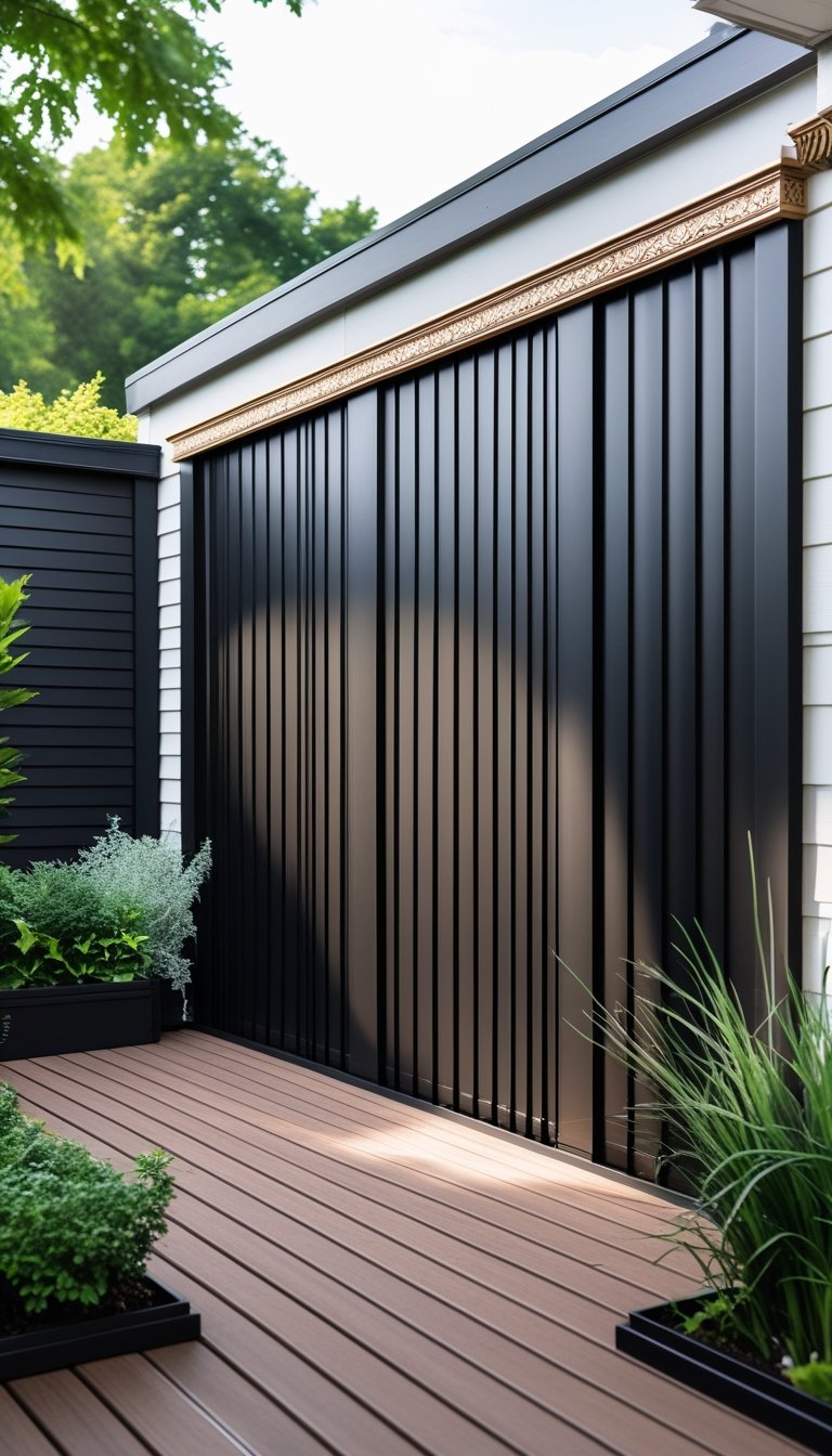 Outdoor wooden deck surrounded by black vinyl privacy screens with decorative trim and green plants nearby.