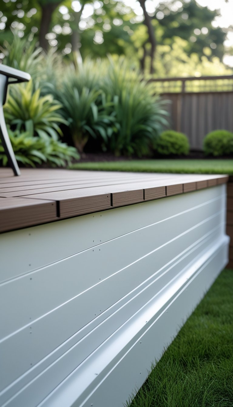 Close-up view of white PVC tongue-and-groove panels installed as skirting around the base of a wooden outdoor deck with green plants and lawn in the background.