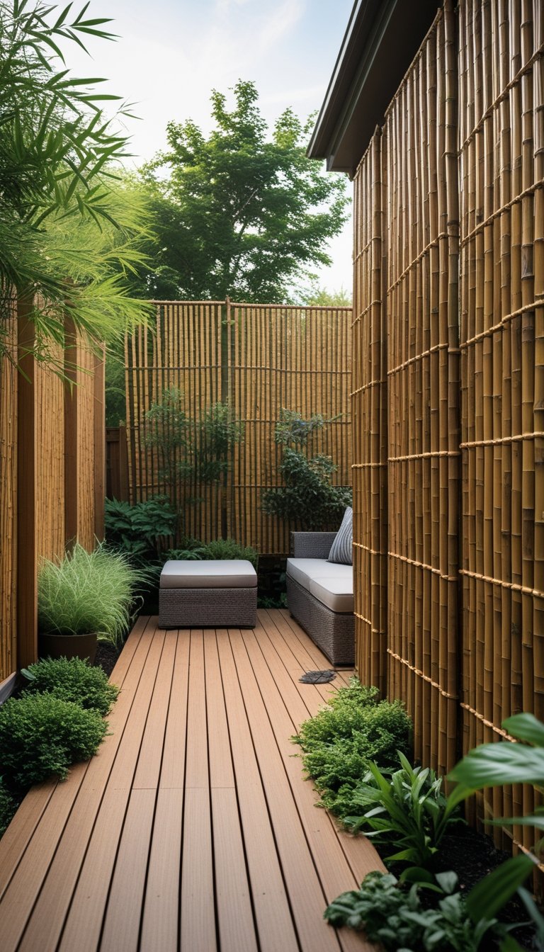 Backyard deck with wooden furniture surrounded by tall bamboo fencing panels and green plants providing privacy.