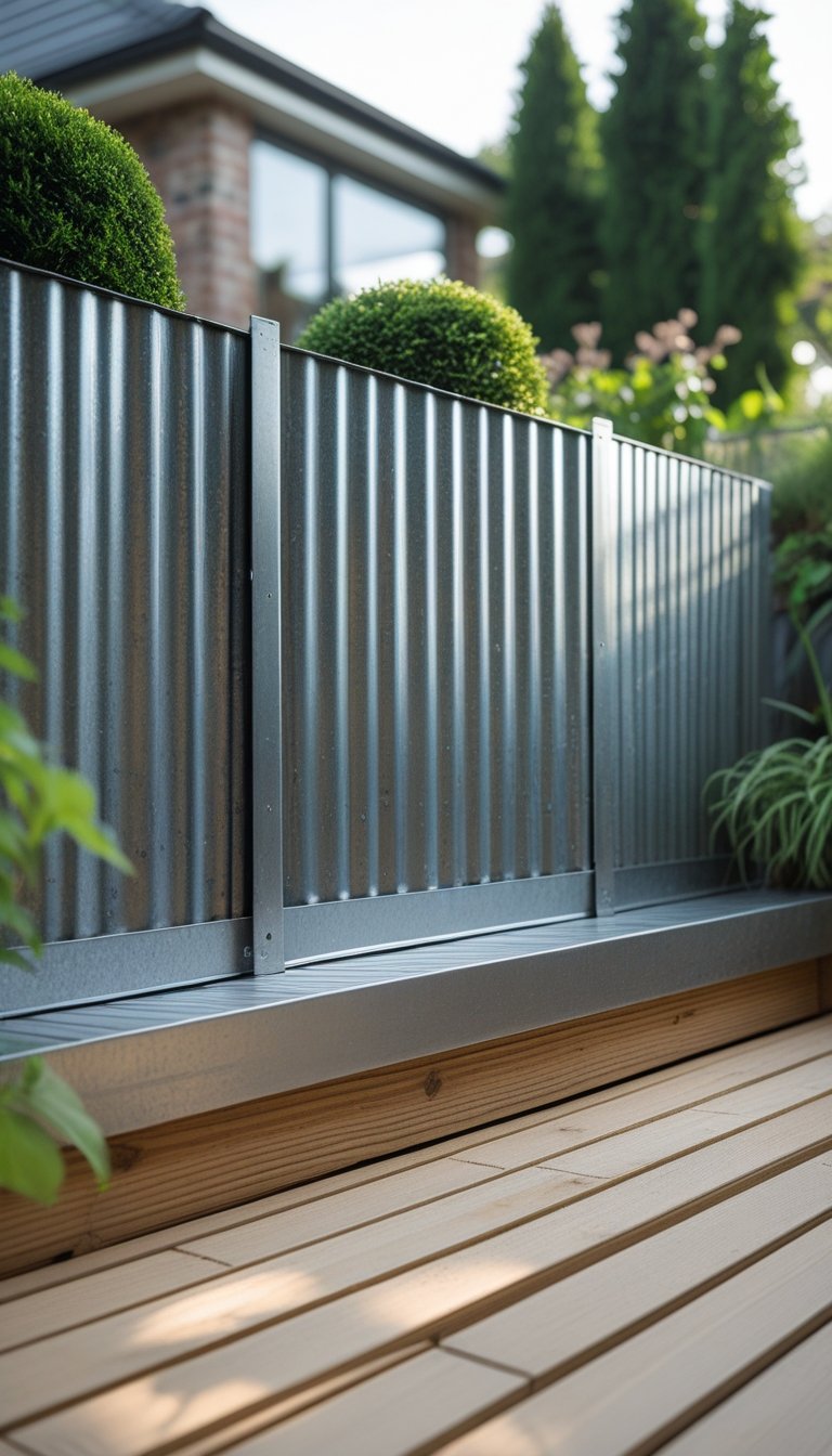 Outdoor deck with corrugated metal sheets installed around its base, surrounded by plants and greenery.
