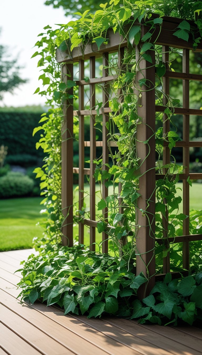 Wooden deck base with a plant trellis covered in green climbing vines creating a natural privacy screen in a garden setting.