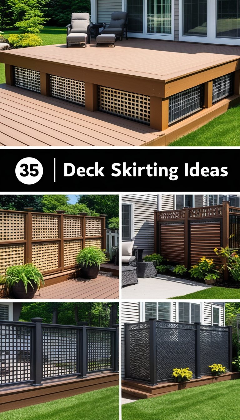 A backyard deck with various styles of deck skirting including lattice, wood slats, stone veneer, and metal screens surrounded by green grass and plants.