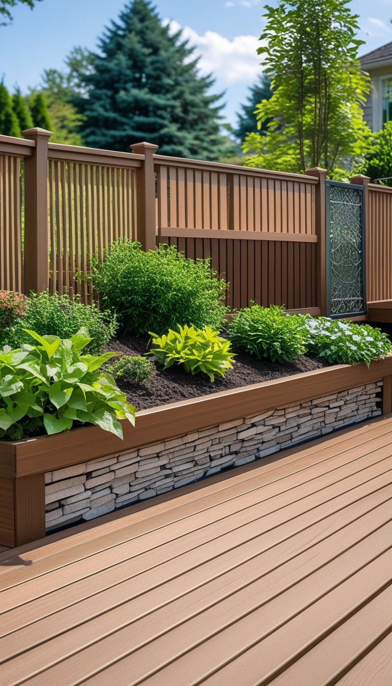 Outdoor wooden deck with various types of skirting including lattice panels, wooden slats, stone veneer, metal screens, and planter boxes providing privacy.