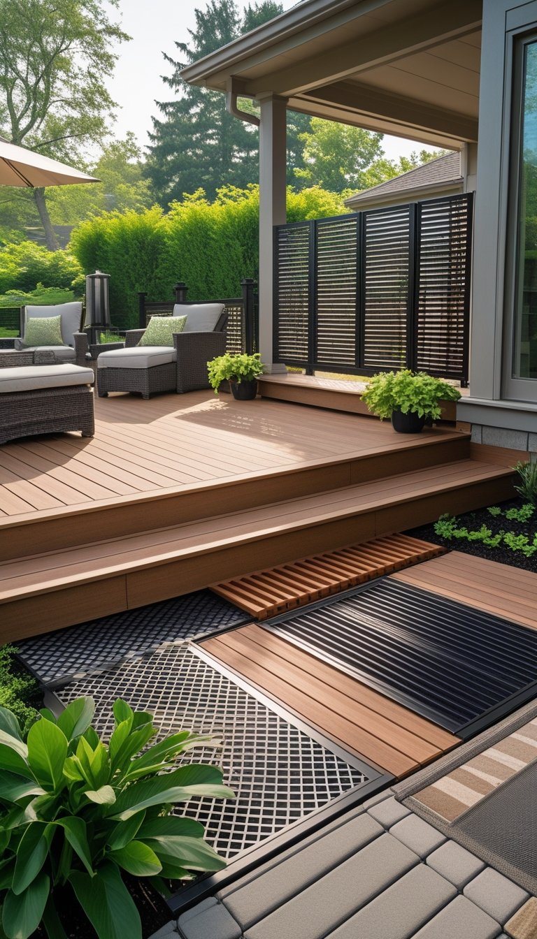 An outdoor wooden deck with various types of skirting panels providing privacy, surrounded by plants and garden greenery.