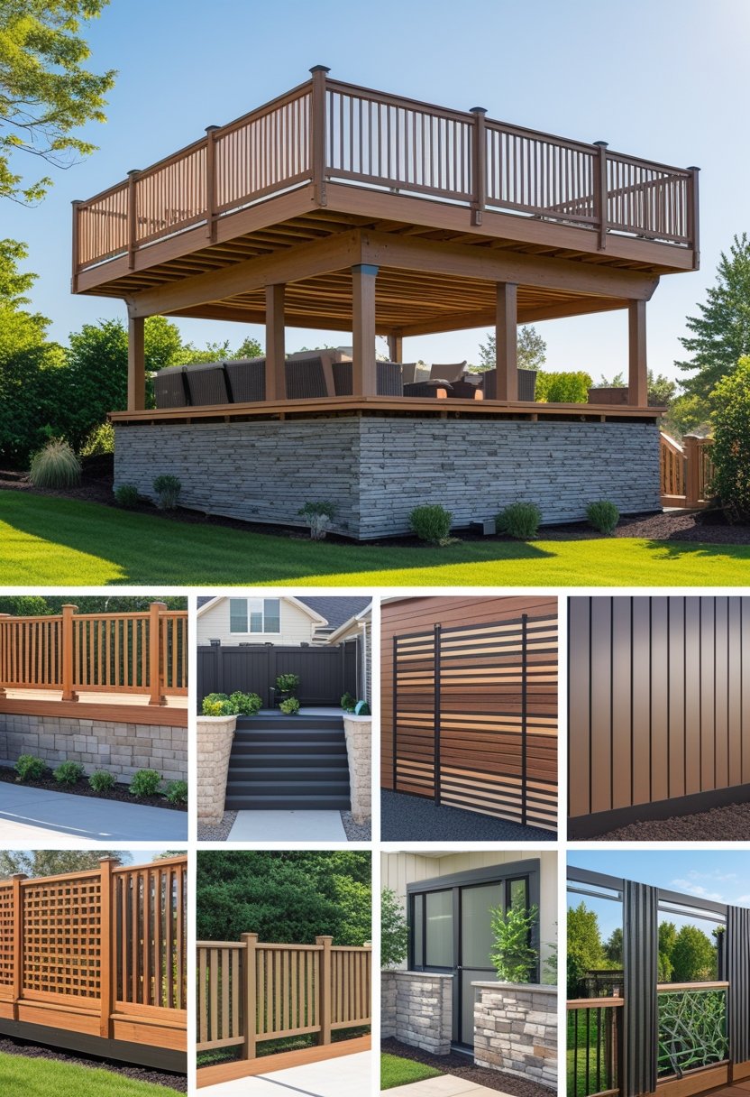 An elevated wooden deck with eleven different styles of skirting around its base, surrounded by grass and shrubs under a clear sky.