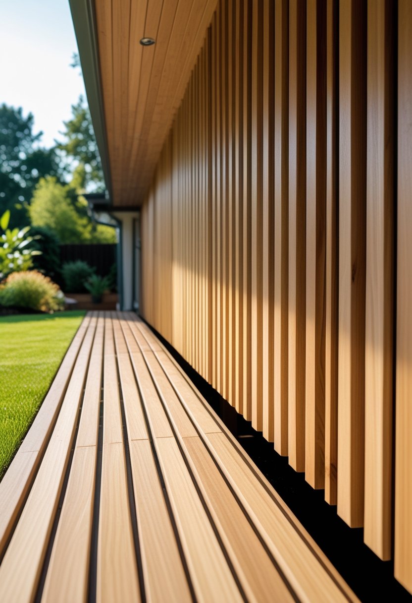 A tall outdoor deck with vertical wooden slat panels covering the space underneath, surrounded by grass and garden plants.