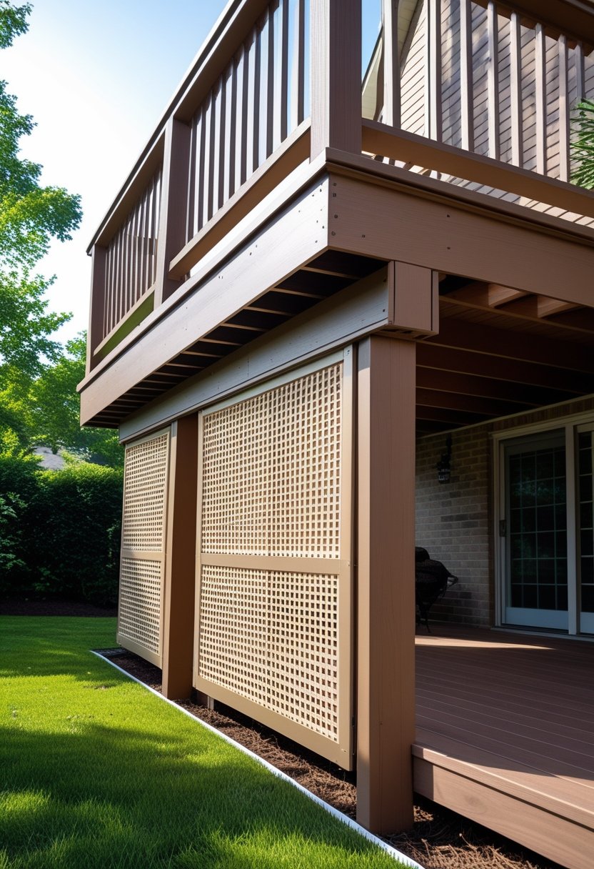 Tall outdoor deck with vinyl lattice panels painted to match the decking color used as skirting beneath the deck.